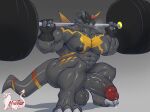 abs anthro armor balls bandai_namco barbell barbell_squats big_penis black_body bulkmon digimon digimon_(species) exercise genitals headgear helmet hi_res huge_penis male masterelrest muscular muscular_anthro muscular_male pecs penis solo weightlifting workout