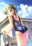  :d absurdres ass black_hair blue_eyes blush cloud day drinking_fountain dutch_angle from_behind highres looking_back one-piece_swimsuit open_mouth original pool pool_ladder school_swimsuit shiny shiny_clothes sky smile solo swimsuit takoyaki_(roast) twintails wet wet_clothes 
