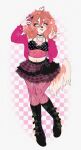 absurd_res anthro black_boots black_clothing black_footwear blue_eyes boots bottomwear canid canine canis checkered checkered_background clothed clothing domestic_dog female female_anthro footwear front_view full-length_portrait fur hair hi_res mammal open_clothing open_mouth open_topwear orange_body orange_fur orange_hair orange_tail pattern_background portrait shoes simple_background skirt solo sonyan standing tail topwear white_body white_fur white_tail