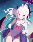  absurdres ahoge black_halo blue_archive blush chacrt1 demon_girl demon_horns demon_wings dress evening_gown flat_chest hair_ornament hairclip halo highres hina_(blue_archive) horns long_hair looking_at_viewer lying ocean on_back purple_eyes red_ribbon ribbon school_uniform serafuku white_hair wings 