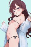  1girl :3 absurdres ahoge bikini black_bikini blue_eyes blush breasts brown_hair chromatic_aberration highres ichinose_shiki idolmaster idolmaster_cinderella_girls komodj long_hair looking_at_viewer medium_breasts micro_bikini navel open_clothes open_mouth side-tie_bikini_bottom simple_background smile solo swimsuit underboob 