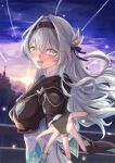  1girl absurdres blue_ribbon blush bridal_gauntlets brown_hairband brown_jacket collared_dress cropped_jacket dress firefly_(honkai:_star_rail) gradient_eyes gradient_hair green_pupils grey_hair hair_between_eyes hair_intakes hair_ornament hair_ribbon hairband highres honkai:_star_rail honkai_(series) jacket long_hair multicolored_eyes multicolored_hair neckerchief open_mouth orange_neckerchief railing reaching reaching_towards_viewer ribbon shooting_star single_bridal_gauntlet smile solo tefutefufu white_dress 