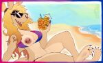 2025 anthro areola beach beverage biped bisexual_pride_colors black_eyeshadow blonde_hair breasts claws digit_ring digital_media_(artwork) dorsal_fin eyeshadow eyewear feet female female_anthro fin finger_claws fish hair hi_res holding_beverage holding_object jewelry lgbt_pride long_hair makeup marine navel nipple_piercing nipples outside piercing pineapple_drink pride_colors quill_(sharkysocks) red_eyes ring shark sharkysocks solo sunglasses tan_body toe_claws toe_ring toes tongue tongue_out