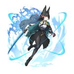  1girl animal_ear_fluff animal_ears aura belt black_belt black_boots black_necktie black_pantyhose black_skirt blunt_bangs boots breasts chromatic_aberration coat commentary_request full_body glowing glowing_sword glowing_weapon green_coat high_heel_boots high_heels holding holding_sword holding_weapon hoshimi_miyabi kinokare long_skirt medium_breasts necktie open_mouth pantyhose pleated_skirt red_eyes skirt solo sword weapon white_background zenless_zone_zero 