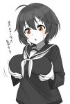  1girl :o alternate_breast_size artist_request blush brave_witches breasts grabbing_own_breast hair_ornament hairclip highres karibuchi_hikari large_breasts monochrome sailor_collar school_uniform short_hair simple_background solo standing sweatdrop translation_request white_background world_witches_series 