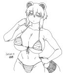  1girl animal_ears araiguma-san arm_up bare_shoulders bikini breasts clenched_hand collarbone cowboy_shot dated front-tie_bikini_top front-tie_top hair_between_eyes hand_on_own_hip large_breasts lineart long_sidelocks looking_at_viewer navel original raccoon_ears raccoon_girl raccoon_tail short_hair sidelocks signature simple_background solo stomach swimsuit tail thighs tsukudani_(coke-buta) very_short_hair white_background 