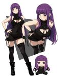  1girl :t absurdres bare_shoulders black_boots black_nails black_sweater black_thighhighs boots breasts covered_navel dress fern_(sousou_no_frieren) hand_on_own_hip highres kekel large_breasts leaning_forward long_hair multiple_views pout purple_eyes purple_hair simple_background sousou_no_frieren stuffed_toy sweater sweater_dress thighhighs turtleneck turtleneck_sweater very_long_hair white_background 