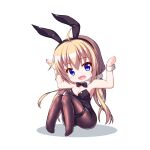  1girl absurdres ahoge animal_ear_hairband animal_ears arms_up black_bow black_bowtie black_hairband black_leotard black_pantyhose blonde_hair blue_eyes bow bowtie breasts chibi cleavage commentary detached_collar fake_animal_ears getsuyoshi hair_ornament hair_scrunchie hairband highres itsumura_haruka knees_up leotard long_hair looking_at_viewer low_twintails medium_breasts no_shoes pantyhose playboy_bunny rabbit_ears rabbit_pose re:stage! scrunchie simple_background sitting solo strapless strapless_leotard thigh_strap twintails white_background white_scrunchie wrist_cuffs 
