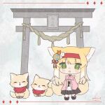 animal_ears arknights blonde_hair blunt_ends chibi dated fox fox_ears fox_girl fox_tail green_eyes hairband haru_(aona1122) highres japanese_clothes kimono kitsune kyuubi multiple_tails okobo open_mouth pink_kimono platform_sandals red_hairband sandals signature socks suzuran_(arknights) suzuran_(yukibare)_(arknights) tail torii white_socks 