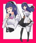  1girl :d bad_id bad_twitter_id black_corset black_pantyhose black_skirt blue_hair blunt_bangs blunt_ends blunt_sidelocks border bow bowtie breasts bucket center_frills character_request closed_eyes collared_shirt commission copyright_request corset cropped_torso cross-laced_clothes cross-laced_corset frilled_hairband frilled_skirt frills full_body hairband hand_up highres hime_cut holding holding_bucket juliet_sleeves large_breasts layered_skirt long_hair long_sleeves multiple_views no_shoes osakana_(kitasisn) pantyhose pink_bow pink_bowtie pouch puffy_sleeves shirt sidelocks skeb_commission skirt sleeve_cuffs smile standing u_u veil white_shirt white_veil yellow_eyes 
