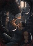  2boys aki_(akistrike) amputee artist_name assassin berserk black_hair chain chained chained_wrists commentary english_commentary guts_(berserk) highres holding holding_weapon iron_bars mask multiple_boys prison prison_cell rakshas scar scar_on_arm scar_on_face short_hair weapon 