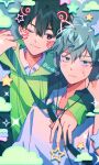  2boys alien_stage black_eyes black_hair black_jacket cloud collared_shirt commentary drawn_blush drawn_ears drawn_whiskers english_commentary green_eyes green_hoodie headphones hood hoodie ivan_(alien_stage) jacket male_focus multiple_boys official_alternate_costume one_eye_closed orri_(iirokagi) red_pupils riichuuba shirt short_hair star_(symbol) till_(alien_stage) very_short_hair white_shirt 