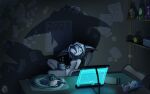 absurd_res anthro beverage biped blue_hair chair clothed clothing coffee computer container cup dark desk detailed_background doll dreamkeepers electronics eyes_closed female furniture glowing hair half-closed_eyes hi_res holding_object inside laptop lying mammal monitor narrowed_eyes office_chair pillow plushie pupils raubr1tter relaxing sitting sleeping slit_pupils smile solo table text topwear white_body wings wisp_(dreamkeepers)