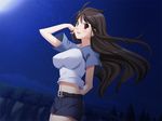  1girl arm_behind_back belt blush breasts brown_hair cleavage cliff game_cg gazing hand_behind_back koi_to_mizugi_to_taiyo_to large_breasts long_hair looking_over maejima_aya military military_vehicle moonlight night one_hand_up open_mouth pov red_eyes shorts skirt smile star stars tank top tree trees vehicle 