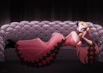 anatid anseriform anserinae anthro avian avian_demon bird chromaticmood clothing crown demon dress electronics female fur furniture hair headgear helluva_boss hi_res holding_object holding_phone long_hair looking_at_viewer lying on_side phone pink_eyes sofa solo stella_(helluva_boss) swan white_body white_fur white_hair