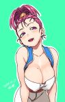  1girl :d alternate_breast_size arms_at_sides bare_shoulders blush breasts cleavage collarbone commentary_request covered_nipples dated dragon_quest dragon_quest_iii earrings forehead freckles green_background high_ponytail jewelry large_breasts leaning_forward light_blush long_hair looking_at_viewer merchant_(dq3) mole mole_on_breast mole_under_mouth no_bra open_mouth outline pants ponytail presenting purple_eyes purple_hair signature simple_background smile solo teeth tongue tsukudani_(coke-buta) upper_teeth_only white_outline white_pants 