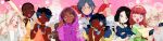  1990s_(style) 6+girls ^_^ ahoge annoyed arm_up bad_id bad_twitter_id bare_shoulders bishoujo_senshi_sailor_moon black_hair blonde_hair blue_arm_warmers blue_cape blue_eyes blue_shirt blue_wings bra bracelet bracer breasts brown_eyes brown_hair bubble cape choker cleavage closed_eyes collared_shirt commentary commission crop_top dark-skinned_female dark_skin dot_nose double_finger_gun dress earrings english_commentary english_text eyelashes eyeshadow face_piercing fairy fairy_wings fake_screenshot faux_retro_artstyle finger_gun finger_to_eyewear glasses glitter gold_tiara green_dress green_wings grey_eyes grey_hair grin hair_between_eyes hair_bun hair_through_headwear hand_on_own_cheek hand_on_own_face happy heads_together heart heart_earrings highres honeymoonpetal hood hood_up hoodie jewelry lace lace_bra light_blush lip_piercing long_hair long_sleeves looking_at_viewer magical_girl makeup midriff multiple_girls muscular muscular_female one_eye_closed open_mouth orange_choker orange_dress original parody piercing pink_background purple_hoodie red_wings retro_artstyle round_eyewear shirt short_hair single_earring single_hair_bun sleeveless sleeveless_dress sleeveless_shirt smile sparkle strapless strapless_dress style_parody tareme tiara tsurime underwear upper_body very_dark_skin very_long_hair very_short_hair wavy_hair white_arm_warmers wings winx_club yellow_arm_warmers yellow_choker yellow_dress yellow_eyeshadow yellow_wings 