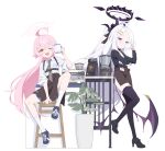  2girls ;d ahoge alternate_costume apron black_halo black_horns black_shirt black_thighhighs blue_archive blush brown_apron brown_skirt coffee coffee_maker coffee_mug collared_shirt commentary cup demon_girl demon_horns demon_wings forehead full_body hair_ornament hairclip halo hand_up happy highres hina_(blue_archive) holding holding_cup horns hoshino_(blue_archive) long_hair long_sleeves looking_at_viewer low_wings mug multiple_girls necktie one_eye_closed open_mouth parallel_hairclips parted_bangs pencil_skirt pink_hair pink_halo purple_eyes same_(samefgo) shirt simple_background sitting skirt sleeves_rolled_up smile standing thighhighs very_long_hair waist_apron white_background white_hair white_shirt wings yellow_eyes 