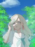  1girl aqua_neckerchief blue_eyes blue_sky breast_pocket ceras_yanagida_lilienfeld collarbone commentary dress gloves hair_ribbon hand_up hashtag-only_commentary hasu_no_sora_school_uniform highres iwatou link!_like!_love_live! long_hair looking_at_viewer love_live! neckerchief outdoors parted_lips pink_ribbon pocket puffy_short_sleeves puffy_sleeves ribbon sailor_collar sailor_dress school_uniform short_sleeves sky solo summer_uniform tree upper_body virtual_youtuber white_dress white_sailor_collar 