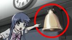  1girl :o absurdres bags_under_eyes blue_hair blunt_bangs bow bowtie circle clock close-up commentary door english_commentary furude_rika highres higurashi_no_naku_koro_ni long_hair looking_at_viewer meme navigazer pink_bow pink_bowtie pointing purple_eyes school_uniform shirt short_sleeves skirt solo st._lucia_academy_school_uniform suspender_skirt suspenders two_soyjaks_pointing_(meme) upper_body white_shirt 
