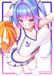  1girl absurdres alternate_costume anchor_symbol blue_hair bouncing_breasts breasts cheerleader commentary_request crop_top gradient_hair grin highres holding holding_pom_poms i-19_(kancolle) kantai_collection large_breasts long_hair multicolored_hair pink_eyes pleated_skirt pom_pom_(cheerleading) red_eyes shirt skirt sleeveless sleeveless_shirt smile solo thighhighs tiemu_(man190) tri_tails twintails white_background white_shirt white_skirt white_thighhighs 