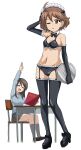  2girls 9s0ykoyama117 absurdres alternate_costume bikini black_bow black_bowtie black_thighhighs bow bowtie breasts brown_eyes brown_hair closed_eyes earrings enmaided full_body garter_straps girls_und_panzer highres jewelry keizoku_school_uniform long_hair looking_at_viewer maid maid_bikini maid_headdress mika_(girls_und_panzer) multiple_girls navel one_eye_closed open_mouth reino_(girls_und_panzer) school_uniform short_hair simple_background small_breasts smile swimsuit thighhighs unconventional_maid white_background 