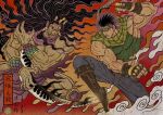  2boys arm_blade battle battle_tendency black_hair boots brown_boots brown_gloves chien_chih_kang claws denim earrings english_commentary fangs fighting_stance fingerless_gloves gloves glowing glowing_eyes green_scarf green_shirt headband horns jeans jewelry jojo_no_kimyou_na_bouken joseph_joestar joseph_joestar_(young) kars_(jojo) loincloth long_hair male_focus manly multiple_boys muscular muscular_male pants parody pelvic_curtain red_eyes scarf shirt sleeveless sleeveless_shirt stand_(jojo) striped_clothes striped_scarf style_parody tongue tongue_out translation_request very_long_hair weapon 