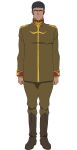  1boy black_eyes black_hair boots brown_boots brown_jacket brown_pants dark-skinned_male dark_skin epaulettes full_body gundam gundam_gquuuuuux highres jacket looking_at_viewer male_focus military_uniform official_art pants short_hair simple_background solo standing uragang very_short_hair zeon 