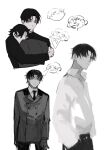  2boys arm_around_back black_hair black_jacket black_necktie collared_shirt doodle_inset green_eyes hand_in_pocket head_on_another&#039;s_shoulder highres hug jacket leaning_on_person looking_at_viewer male_focus multiple_boys multiple_views necktie original shirt short_hair white_background white_shirt wuruko 