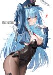  1girl absurdres azur_lane belt_pouch black_leotard black_pantyhose blue_hair blue_hat blush breasts cleavage covered_navel gloves gun handgun hat heart highres holding holding_gun holding_weapon jacket large_breasts leotard long_eyelashes looking_at_viewer makihige neptune_(azur_lane) open_clothes open_jacket pantyhose peaked_cap pouch sidelocks sleeve_cuffs solo tongue tongue_out watermark weapon weapon_request white_background white_gloves yellow_eyes 