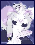 anthro balls big_balls big_penis blue_background bodily_fluids bottomwear canid canine canis clothed clothing dripping facial_piercing fur genital_fluids genital_piercing genitals grey_body grey_fur hi_res licking licking_lips licking_own_lips male mammal muscular muscular_anthro muscular_male nose_piercing nose_ring open_bottomwear open_clothing open_pants pants pasties penis penis_piercing piercing precum precum_drip ring_piercing simple_background sinisterheaven solo thick_penis tongue tongue_out white_body white_fur wolf