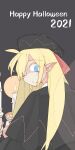  1girl black_background black_capelet blonde_hair blue_eyes bolos bow candle candlestand capelet closed_mouth dated english_text halloween hat hat_bow highres holding_candlestand lily_black lily_white long_hair pointy_ears red_bow scared sidelocks sweat touhou transparent_wings 