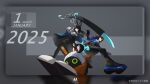  2girls absurdres animal_ear_fluff animal_ears aqua_jacket bangboo_(zenless_zone_zero) black_gloves black_necktie black_pantyhose black_skirt blue_jacket blunt_bangs deliaoqingquedebing_sty eous_(zenless_zone_zero) fox_ears fox_girl gloves hair_between_eyes handlebar high-waist_pants high-waist_skirt highres hoshimi_miyabi jacket katana long_hair multicolored_hair multiple_girls necktie pants pantyhose police police_uniform policewoman ponytail red_eyes red_streaks shirt skirt streaked_hair sword tight_clothes tight_pants weapon white_shirt zenless_zone_zero zhu_yuan 