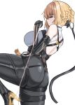  1girl arm_strap ass back_cutout black_pants blonde_hair braid breasts chest_harness clothing_cutout cowboy_shot elbow_gloves evelyn_chevalier fahufahu from_behind gloves harness high-waist_pants highres holding holding_string large_breasts latex_pants leg_up pants purple_eyes ring_hair_ornament single_elbow_glove string tight_clothes tight_pants white_background zenless_zone_zero 