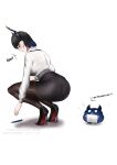  1girl absurdres ass black_hair black_horns black_pantyhose black_skirt blue_hair commission dated english_text highres hololive hololive_english horns jailbird_(nerissa_ravencroft) long_sleeves miniskirt multicolored_hair nerissa_ravencroft nerissa_ravencroft_(casual) office_lady official_alternate_costume official_alternate_hairstyle pantyhose pen shirt short_hair simple_background skirt snipsman squatting virtual_youtuber white_background white_shirt 