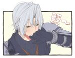  1boy armor black_gloves blush chest_strap covering_own_mouth embarrassed final_fantasy final_fantasy_vii final_fantasy_vii_ever_crisis gloves green_eyes grey_hair hand_over_own_mouth male_focus pauldrons sephiroth sephiroth_(ever_crisis) short_hair shoulder_armor slit_pupils sweater turtleneck turtleneck_sweater yunyunonigiri 