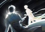  2boys atmospheric_perspective black_hair character_request coat collared_shirt color_contrast from_behind grin hair_flowing_over highres kim_dokja light_particles multiple_boys offering_hand omniscient_reader&#039;s_viewpoint outstretched_hand popped_collar raya_(000_unseen) reaching reaching_towards_another shirt short_hair smile walking white_coat white_hair 