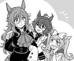  3girls :d agnes_digital_(umamusume) agnes_tachyon_(umamusume) ahoge arm_behind_back ascot blush bow bracelet breasts buttons chemical_structure collared_shirt double-breasted ear_ornament epaulettes fringe_trim greyscale hair_between_eyes hair_bow hands_on_own_face height_difference holding_another&#039;s_arm jacket jewelry lab_coat long_hair looking_at_another lovestruck military_jacket monochrome multiple_girls necktie perry_steam_(umamusume) shirt short_necktie sleeves_past_fingers sleeves_past_wrists small_sweatdrop smile sweater two_side_up umamusume upper_body yokuko_zaza 