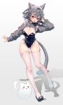  1girl :d absurdres alternate_costume animal_ears black_leotard black_shoes breasts cat_ears cat_girl cat_tail center-flap_bangs cf_sdg cleavage frilled_leotard frills full_body grey_hair grey_shrug hair_ornament hairclip hand_in_own_hair highleg highleg_leotard highres large_breasts leotard looking_at_viewer maid_headdress messy_hair multicolored_hair neneko_mashiro outstretched_hand red_eyes red_streaks ribbon shadow shoes shrug_(clothing) smile solo stellive streaked_hair tail tail_ornament tail_ribbon thighhighs virtual_youtuber white_thighhighs 
