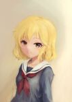  1girl blonde_hair closed_mouth green_eyes grey_shirt highres idolmaster idolmaster_cinderella_girls long_sleeves looking_at_viewer neckerchief red_neckerchief rpbpc_8 sailor_collar sakurai_momoka school_uniform serafuku shirt short_hair smile solo upper_body white_sailor_collar 