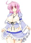  ahoge alternate_costume blush breasts commentary_request curvy large_breasts looking_at_viewer lute_(apocalypselibrary) midriff pink_eyes pink_hair plump saigyouji_yuyuko short_hair smile solo touhou 