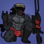abs anthro barazoku black_hair bow_ribbon bulge camo camo_clothing camo_hat camo_headgear camo_headwear camo_print clothing digital_media_(artwork) fur gun hair hair_over_eye hat headgear headwear hi_res holding_object holding_weapon hyena isaiahtse male mammal muscular muscular_anthro muscular_male open_mouth pattern_clothing pattern_hat pattern_headgear pattern_headwear pecs ranged_weapon renegade_(frenzythebat) rifle sharp_teeth smile sniper_rifle solo tail teeth tongue tongue_out weapon wrapped_penis wrappings wraps