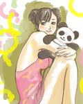  back backless_outfit blush brown_hair chun-li double_bun dress kazaana panda solo street_fighter stuffed_toy 