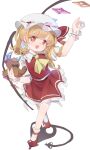  1girl absurdres ascot blonde_hair crystal crystal_wings fang flandre_scarlet full_body gumingdi_ban hat highres laevatein_(touhou) looking_at_viewer marble_(toy) mob_cap open_mouth puffy_short_sleeves puffy_sleeves red_eyes red_skirt red_vest shirt short_sleeves simple_background skirt solo stuffed_animal stuffed_toy teddy_bear touhou vest white_background wings wrist_cuffs yellow_ascot 