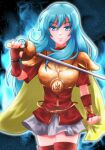  1girl armor blue_eyes blue_hair boots breastplate cape eirika_(fire_emblem) fingerless_gloves fire_emblem fire_emblem:_the_sacred_stones gloves glowing highres holding holding_sword holding_weapon long_hair looking_at_viewer miniskirt rapier shoulder_armor skirt smile solo star_(sky) starry_sky_background sword thigh_boots wai_power weapon zettai_ryouiki 