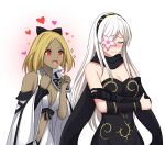  2girls :d bare_shoulders black_bow black_hairband black_leotard black_scarf blonde_hair bow breasts cape cleavage clenched_hands closed_eyes closed_mouth commission cosplay costume_switch crossed_arms crossover dark-skinned_female dark_skin drag-on_dragoon drag-on_dragoon_3 dress embarrassed fimi_artworks flower flower_over_eye glowing gold_trim gravity_daze hair_bow hairband heart highres kitten_(gravity_daze) leotard long_hair long_scarf looking_at_another lunar_tear mechanical_arms medium_breasts medium_hair midriff multiple_girls navel open_mouth parted_bangs pink_flower print_hairband red_eyes scarf side_cape sidelocks single_bare_shoulder single_mechanical_arm single_vambrace smile sparkle standing upper_body vambraces vgen_commission white_background white_cape white_dress white_hair wide_sleeves zero_(drag-on_dragoon) 
