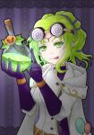  1girl :p beaker candy circlet coat coke-bottle_glasses commentary_request cork fire_emblem fire_emblem:_the_sacred_stones fire_emblem_heroes food glasses gloves goggles green_eyes green_hair halloween halloween_costume highres holding_beaker jack-o&#039;-lantern jack-o&#039;-lantern_ornament l&#039;arachel_(fire_emblem) l&#039;arachel_(halloween)_(fire_emblem) lab_coat lollipop official_alternate_costume pumpkin solo tongue tongue_out twintails wai_power 