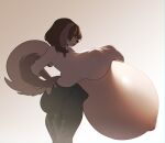 absurd_res anthro belly belly_overhang big_belly big_breasts bottomwear breasts canid canine canis clothed clothing domestic_dog female hi_res huge_belly husky hyper hyper_belly hyper_pregnancy mammal navel nipple_outline nipples nordic_sled_dog open_bottomwear open_clothing open_pants pants partially_clothed pregnant pregnant_female solo spitz vawentine