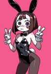  1girl absurdres animal_ear_hairband animal_ears black_bow black_bowtie black_leotard black_pantyhose blue_eyes blush_stickers bow bowtie breasts brown_hair colored_skin detached_collar fake_animal_ears fake_tail gloves hairband highleg highleg_leotard highres leotard multicolored_eyes pantyhose pink_background playboy_bunny pomni_(the_amazing_digital_circus) rabbit_ear_hairband rabbit_ears rabbit_tail red_eyes small_breasts solo strapless strapless_leotard tail the_amazing_digital_circus traditional_bowtie user_jazz4252 white_gloves white_skin wrist_cuffs 