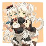  2girls american_flag american_flag_print angry animal_ears apron azur_lane black_dress black_gloves black_legwear blue_eyes blush border bow breast_poke cat_ears cat_girl cat_tail choker criss-cross_halter cross-laced_legwear dress elbow_gloves fingerless_gloves flag_print flat_chest frilled_apron frills gloves green_eyes hair_bow halterneck hammann_(azur_lane) long_hair multiple_girls open_mouth orange_background outside_border poking print_neckwear puffy_short_sleeves puffy_sleeves red_choker short_sleeves simple_background sims_(azur_lane) tail thighhighs two_side_up underbust waist_apron white_apron white_border white_hair wrist_cuffs yudepii 